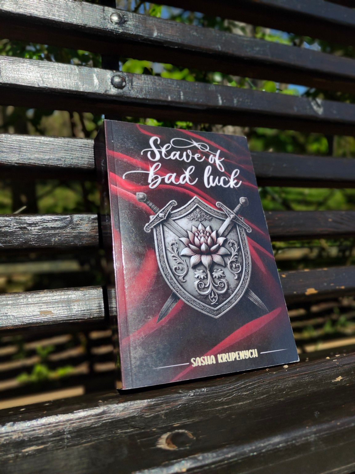 Slave of Bad Luck paperback photographed on a wooden bench