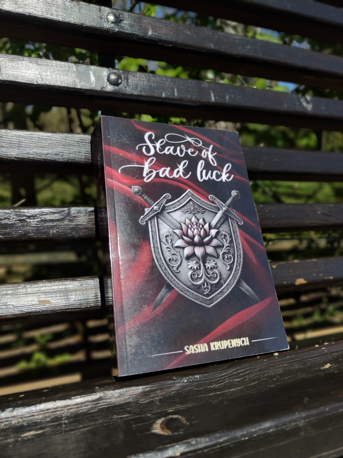 Slave of Bad Luck paperback photographed on a wooden bench
