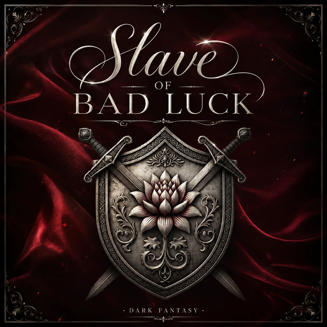 Slave of Bad Luck audiobook cover: a silver shield with a lotus and crossed swords against deep burgundy velvet