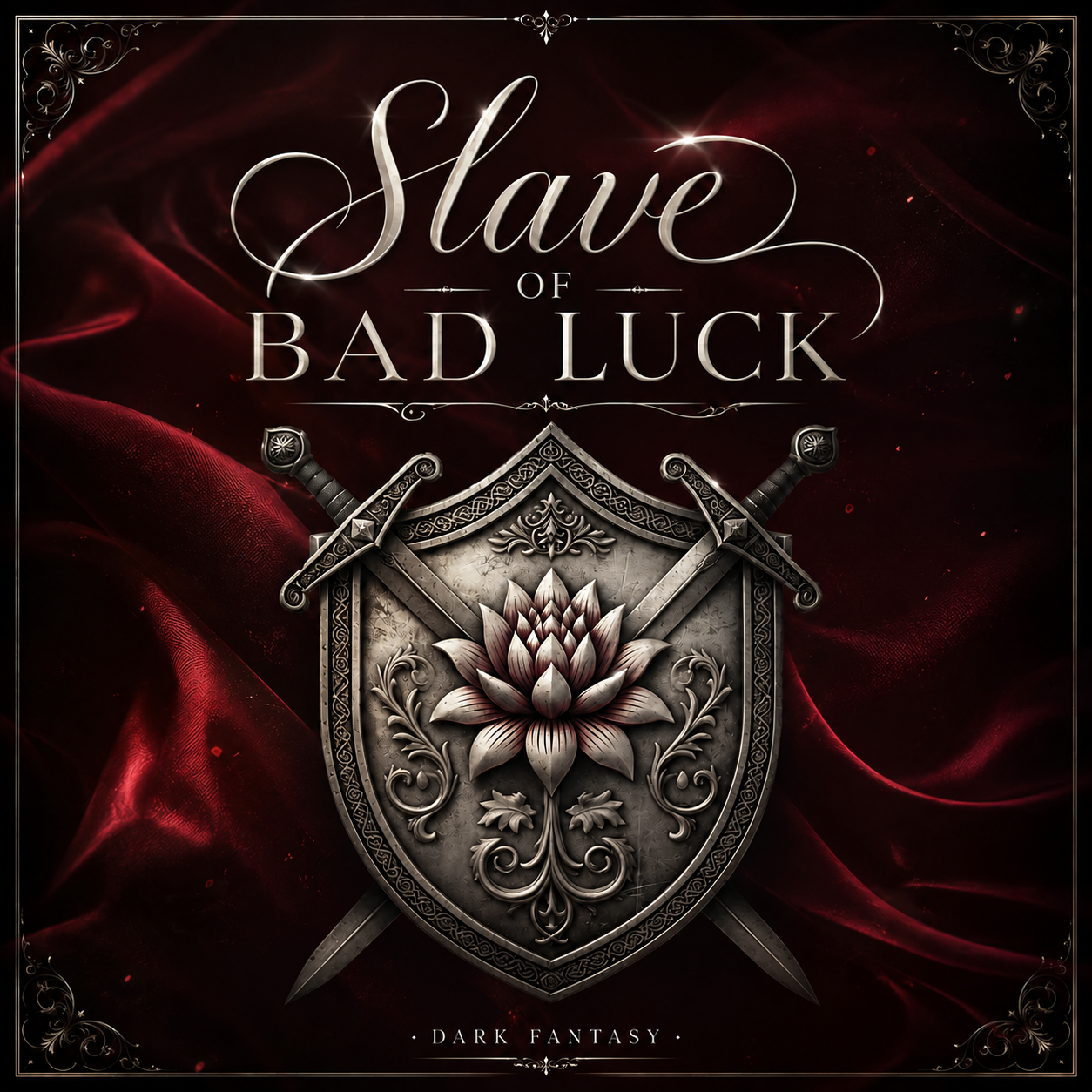 Slave of Bad Luck audiobook cover: a silver shield with a lotus and crossed swords against deep burgundy velvet
